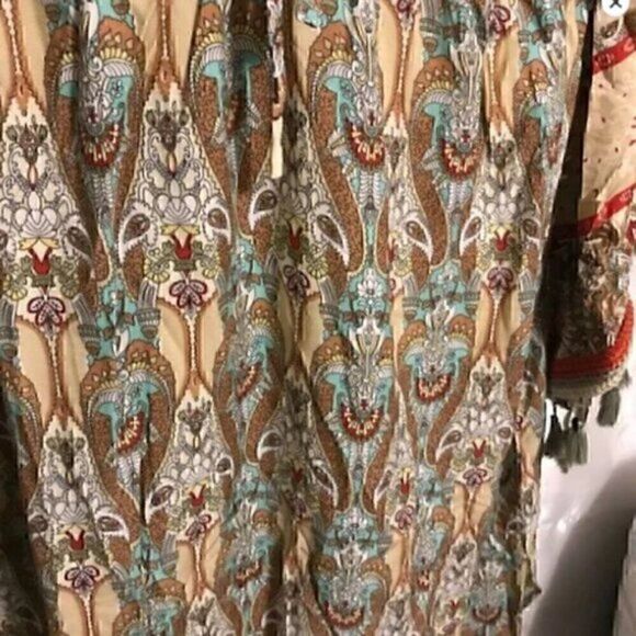 Bohemian Floral Print Woven Bell Sleeve Flounce Peasant Maxi  Hippie Dress L - Picture 10 of 14